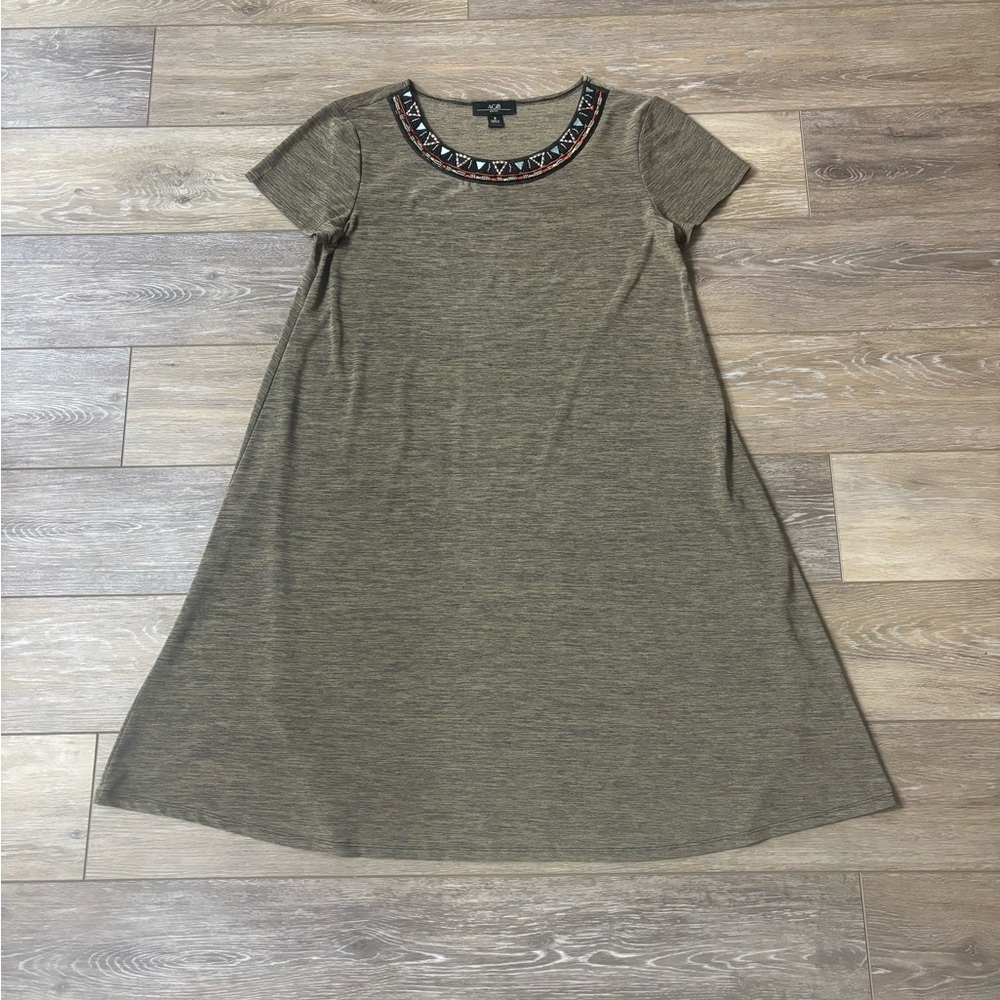 AGB Dress Sz 8 Olive Green Beaded Short Sleeve Aztec Western Rodeo Summer Party